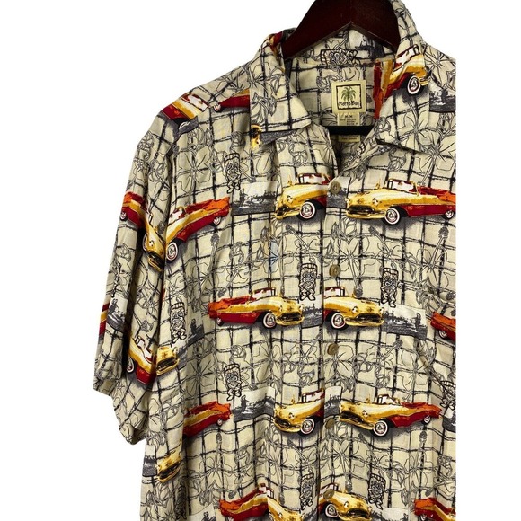 Morro Bay Hawaiian Shirt Medium Button Down Mens Hot Rod Cars Tropical Rayon - Picture 2 of 8